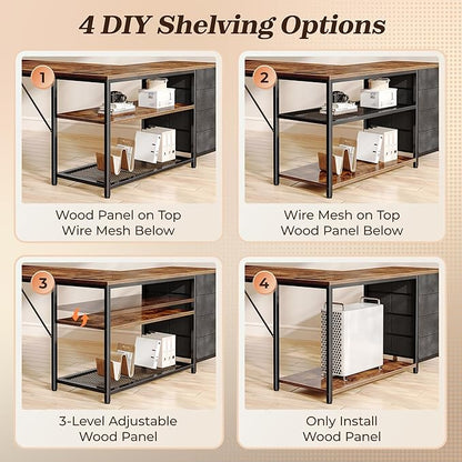 PRAISUN 53" L Shaped Desk with Power Outlets & USB-C Port, Reversible Computer Corner Office Desk with 4 Fabric Drawers and 2 Storage Shelves, Large Desk for Gaming Writing Work Study, Rustic Brown