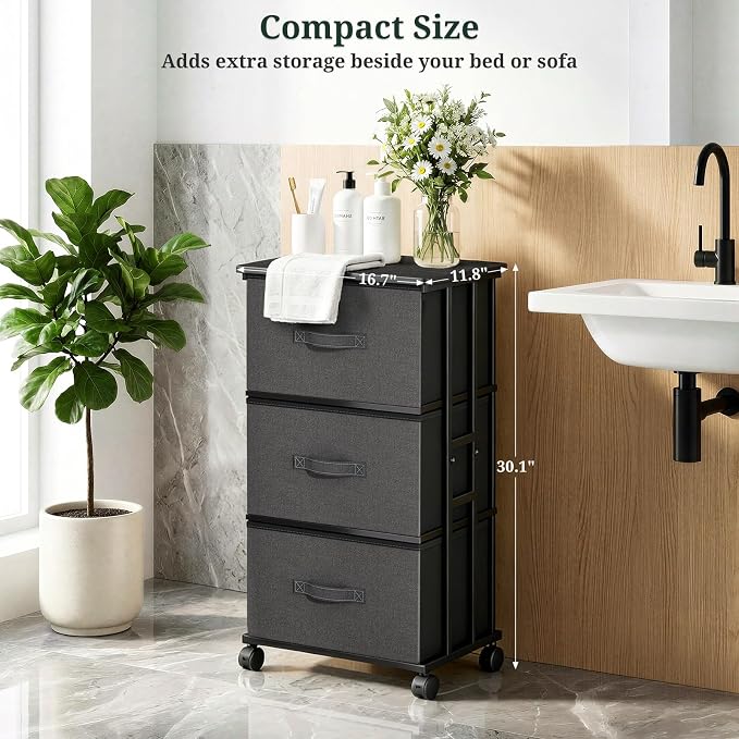 3 Drawers Dresser with Wheels, Storage Organizer with Removable Fabric Bins and Steel Frame, Small Nightstand Dresser for Bedroom, Office, Entryway, Ash Gray