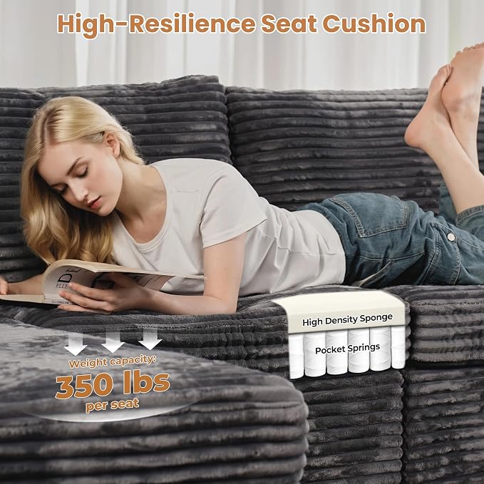 ovios Modular Sectional Sofa Couch with U-Shape Chaise Oversized, Comfy Plush Corduroy Cloud Couches, Modern Luxury Deep Seat Sofas Set for Living Room, 5-Seater, Grey