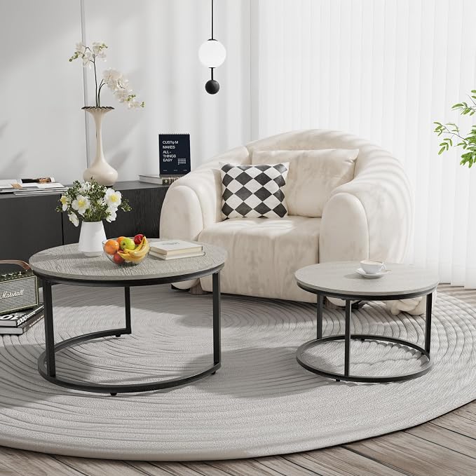 Otterease Nesting Tables Set of 2, 31.5" Round Coffee Table, Large Nesting Coffee Table with Adjustable Non-Slip Fee, Wood Grain Top Nesting Tables for Living Room, Bedroom (Wood Grain Grey)