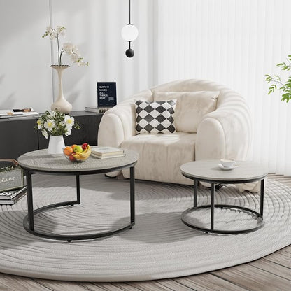 Otterease Nesting Tables Set of 2, 31.5" Round Coffee Table, Large Nesting Coffee Table with Adjustable Non-Slip Fee, Wood Grain Top Nesting Tables for Living Room, Bedroom (Wood Grain Grey)