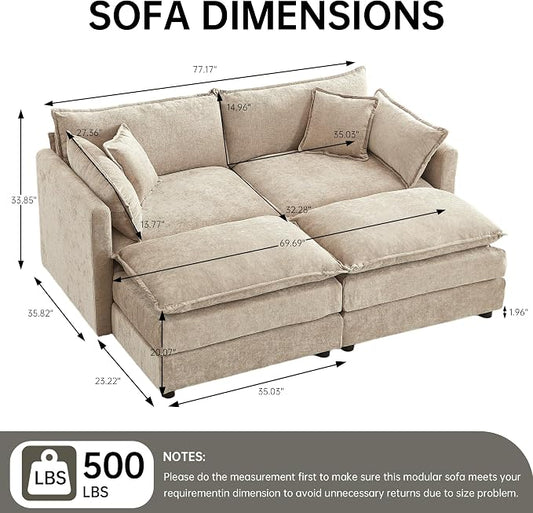 Modular Sectional Sofa, 77 Inch U Shaped Couch Set with Armrests, 2-Seater Comfy Cloud Couches for Living Room Apartment, Coffee