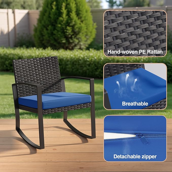 Qsun 3 Piece Patio Bistro Set Patio Furniture Set Outdoor Wicker Rocking Furniture Conversation Set with Tempered Glass Coffee Table for for Front Porch Balcony and Deck (Blue Cushion)