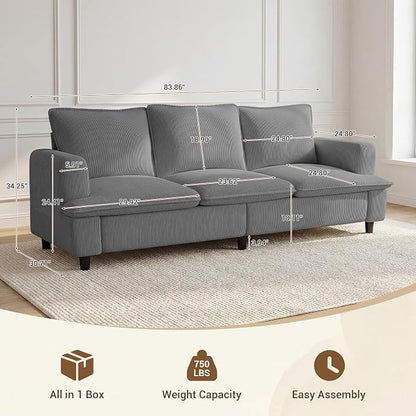 GRUSIGN 3 Seater Couch, 83" Comfy Corduroy Sofa with Deep Seat, Modern Sofa Couch for Living Room, Office, Bedroom, Apartment (Pillows not Included)
