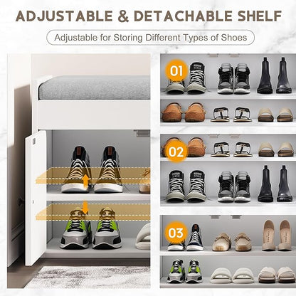 42.6" Entryway Shoe Storage Bench with Padded Seat, 3 Doors and Side Shelves, Lift Top Storage Bench for Shoes, Hallway, Bedroom, Living Room, White