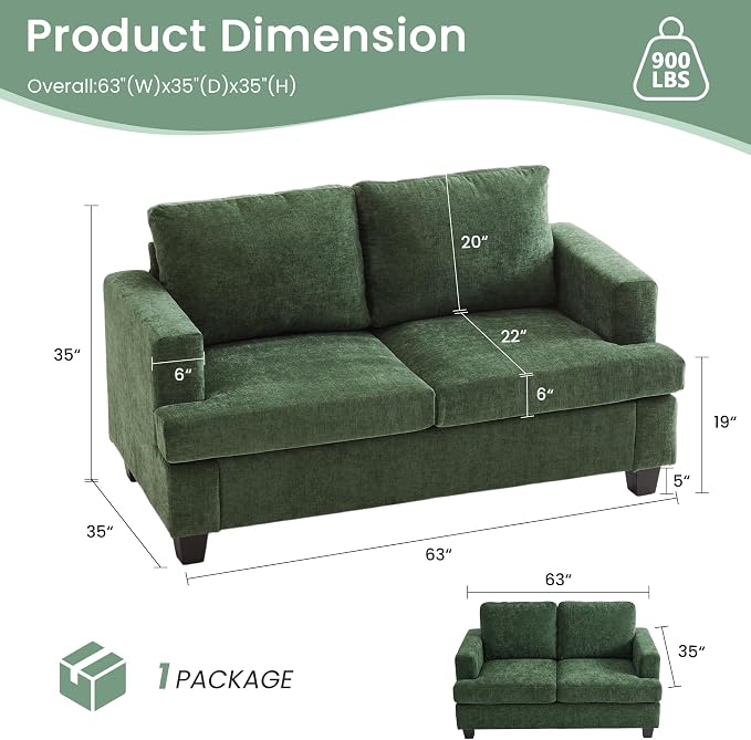 YOUDENOVA Sofa Couch, 3 Piece Set Comfy Sofa, 2 Loveseat & 3 Seater Sofa with Deep Seats for Living Room, Modern Sleeper Couch, Green Chenille