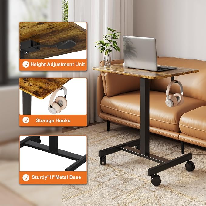 18.9*25.6 inch Mobile Standing Desk,T Shaped Pneumatic Adjustable Height Stand Up Desk,with Lockable Wheels,Ergonomic Standing Side Table for Home Office Work Computer Workstation BROWN+BLACK