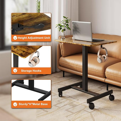 18.9*25.6 inch Mobile Standing Desk,T Shaped Pneumatic Adjustable Height Stand Up Desk,with Lockable Wheels,Ergonomic Standing Side Table for Home Office Work Computer Workstation BROWN+BLACK