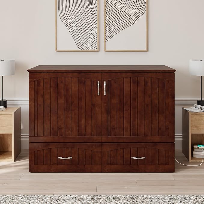 AFI, Southampton Murphy Bed Chest Full with 6" Mattress, Built-in USB Charger & Storage Drawer, Walnut
