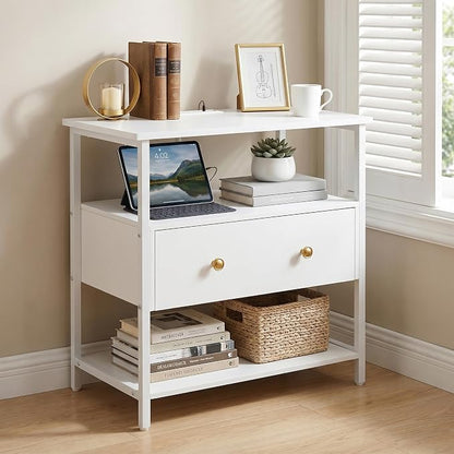 Edbuosy 27 Inch Wide Night Stand with Charging Station, Wood Nightstand with Open Shelf, Large Drawer Bedside Table for Living Room/Bedroom/Office, White