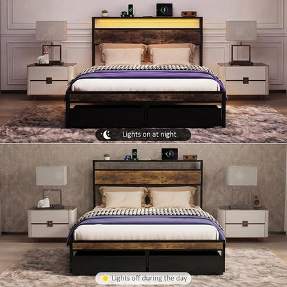 Full Bed Frame with 2 Drawers and Storage Headboard, Metal Platform with LED Lights and Charging Station, No Box Spring Needed, Noise Free, Easy Assembly