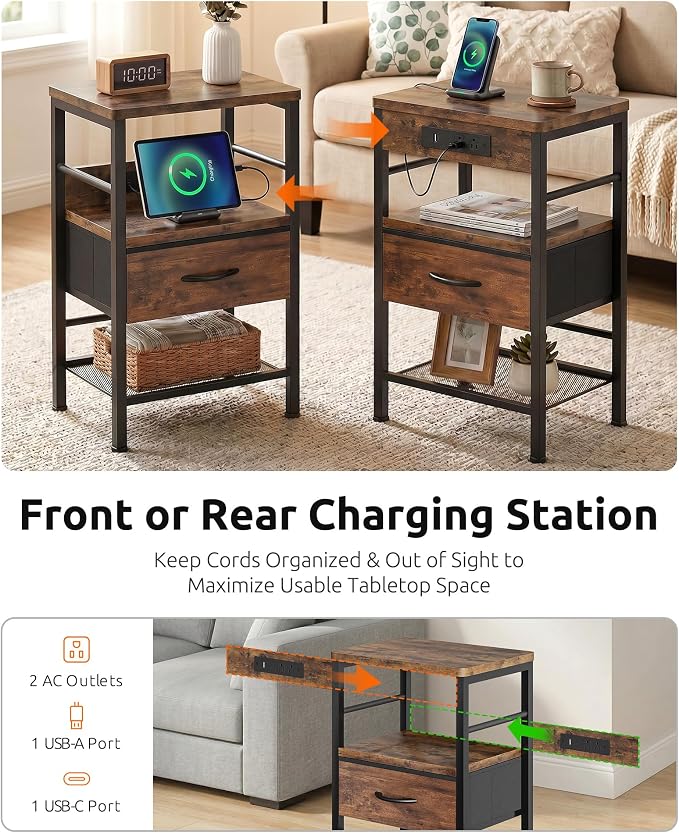 Lazzanto Nightstands Set of 2 with Charging Station, Bedside Tables with Open Shelf & Hooks, End Tables with USB-C USB-A Ports AC Outlets, Night Stand for Bedroom with Fabric Drawer, Rustic Brown