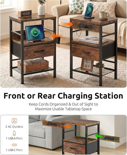 Lazzanto Nightstands Set of 2 with Charging Station, Bedside Tables with Open Shelf & Hooks, End Tables with USB-C USB-A Ports AC Outlets, Night Stand for Bedroom with Fabric Drawer, Rustic Brown