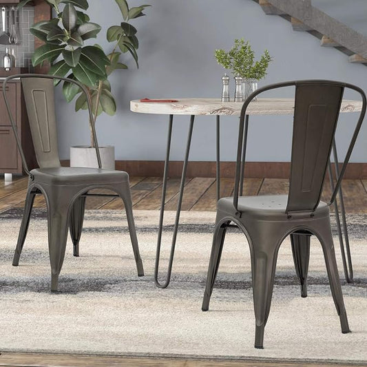 Devoko Metal Indoor-Outdoor Chairs Distressed Style Kitchen Dining Chairs Stackable Side Chair with Back Set of 4 (Gun)