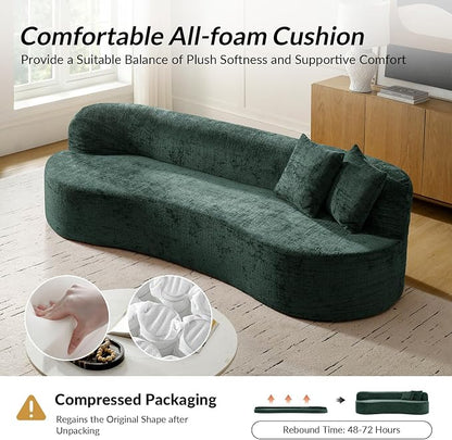 95" Modern Curved Compressed Sofa, All-Foam 3-Seater Cloud Couch with 2 Pillows, No Assembly Required Boneless Sofas for Living Room, Olive