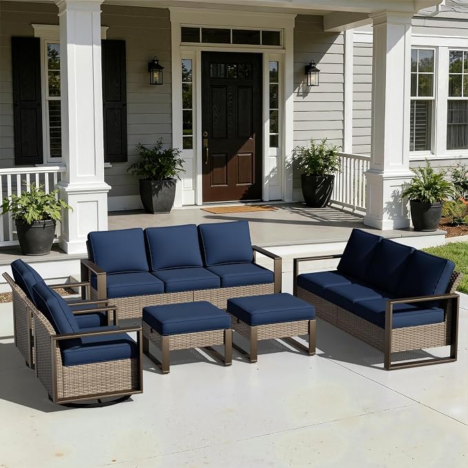Outdoor Patio Swivel Rocker Chairs, 6 Pieces Wicker Furniture Set, 2 Swivel Rocking Chairs, 2 Sofa and 2 Ottoman, Metal Wide Armrest, Thick Cushions and Deep Seating for Garden, Backyard, Porch, Deck