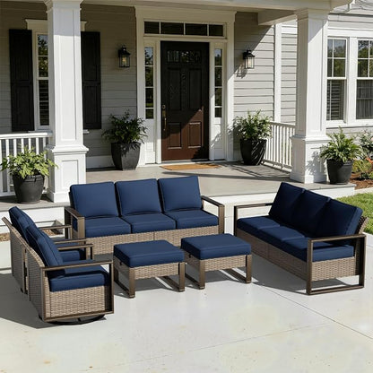 Outdoor Patio Swivel Rocker Chairs, 6 Pieces Wicker Furniture Set, 2 Swivel Rocking Chairs, 2 Sofa and 2 Ottoman, Metal Wide Armrest, Thick Cushions and Deep Seating for Garden, Backyard, Porch, Deck