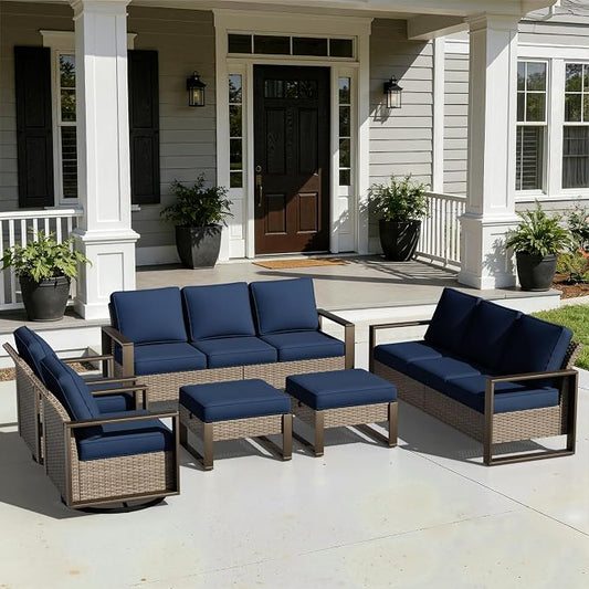 Outdoor Patio Swivel Rocker Chairs, 6 Pieces Wicker Furniture Set, 2 Swivel Rocking Chairs, 2 Sofa and 2 Ottoman, Metal Wide Armrest, Thick Cushions and Deep Seating for Garden, Backyard, Porch, Deck