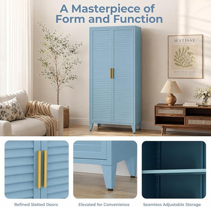 Blue Metal Storage Cabinet with Doors Pantry Cabinet with 3 Adjustable Shelves, 61" Tall Steel Kitchen Storage Locker for Kitchen Living Room Bedroom Home Bathroom