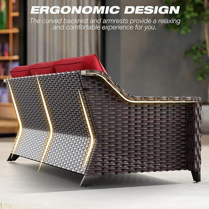 Joyside Patio Sofa - 3 Seater Rattan Sofa, All Weather High Back Sofa, Upgraded Large Size with 4inch Seat Cushions for Backyard, Garden, Poolside (Brown/Red)