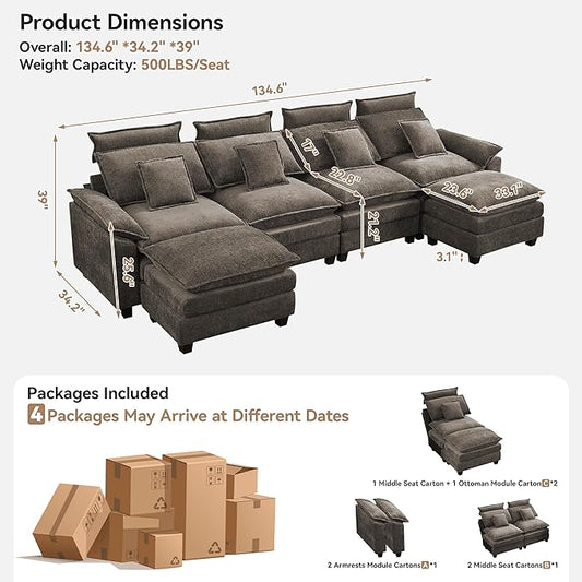 134'' Cloud Modern 4 Seater Couch with Detachable Headrest, Modular Sectional Sofa with 2 Ottomant, Oversized U Shape Chenille Comfy Sofa with Armrests for Living Room, Brown