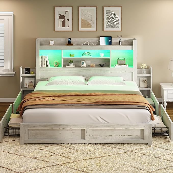 AMERLIFE California King Size Bed Frame with 4 Storage Drawers, LED Bed Frame with 49.6" Tall Bookcase Headboard, Wood Platform Bed with Charging Station & 2 Slide Bedside Shelf, Distressed White