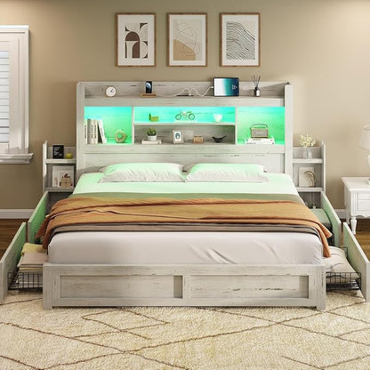 AMERLIFE California King Size Bed Frame with 4 Storage Drawers, LED Bed Frame with 49.6" Tall Bookcase Headboard, Wood Platform Bed with Charging Station & 2 Slide Bedside Shelf, Distressed White