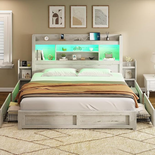 AMERLIFE California King Size Bed Frame with 4 Storage Drawers, LED Bed Frame with 49.6" Tall Bookcase Headboard, Wood Platform Bed with Charging Station & 2 Slide Bedside Shelf, Distressed White