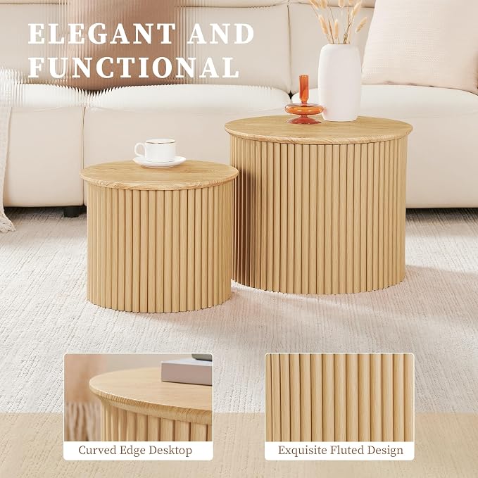 AVZEAR Round Nesting Coffee Table Set of 2, Small Fluted Coffee Table Circle Side Table, Boho Modern Wood Nesting Tables Farmhouse End Table Set for Living Room, Bedroom, Small Spaces(Natural)