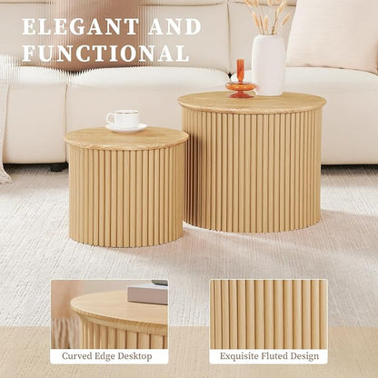 AVZEAR Round Nesting Coffee Table Set of 2, Small Fluted Coffee Table Circle Side Table, Boho Modern Wood Nesting Tables Farmhouse End Table Set for Living Room, Bedroom, Small Spaces(Natural)