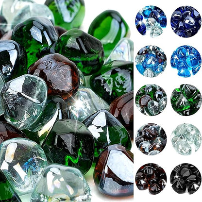 onlyfire 10-Pounds Fire Glass Diamonds for Propane Fire Pit, 1 Inch Blended Firepit Glass Rocks Stones for Gas Fireplace and Fire Pit Table, Emerald Green, Crystal Ice and Amber