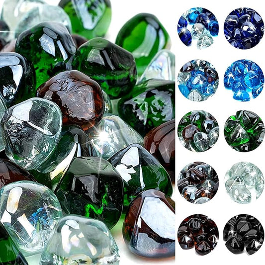 onlyfire 10-Pounds Fire Glass Diamonds for Propane Fire Pit, 1 Inch Blended Firepit Glass Rocks Stones for Gas Fireplace and Fire Pit Table, Emerald Green, Crystal Ice and Amber