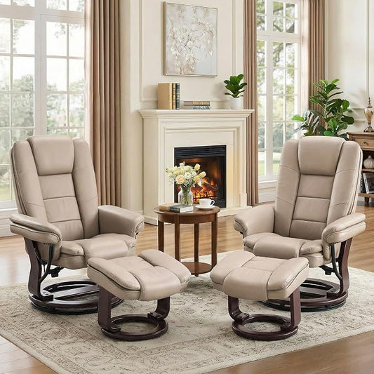Swivel Recliner Chair with Ottoman Reclining Lounge Sofa Footrest, Set of 2 | 360°Sturdy Wood Base, Soft PU Leather, Upholstered Ultra-Plush Foam, Modern Armchair, Living Room Bedroom Office Reading Home