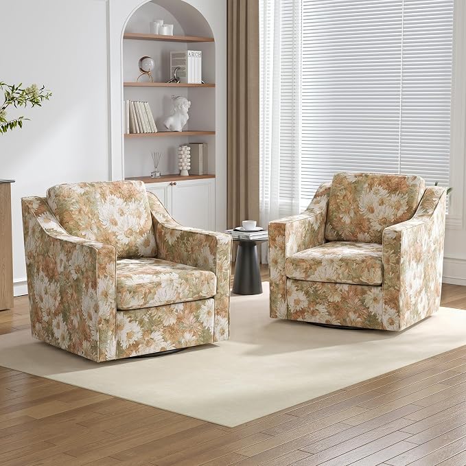 Swivel Accent Chairs Set of 2, 360° Swivel Upholstered Club Armchairs for Living Room, Comfy Fabric Single Sofa Reading Chair with Deep Seat, Metal Swivel Base, Sand Blooms