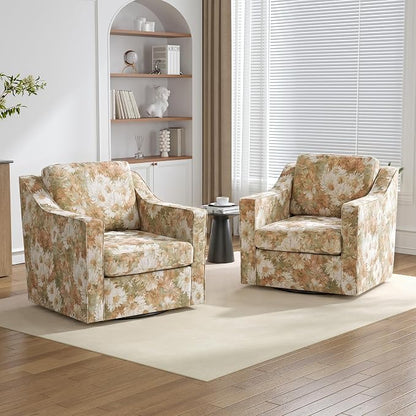 Swivel Accent Chairs Set of 2, 360° Swivel Upholstered Club Armchairs for Living Room, Comfy Fabric Single Sofa Reading Chair with Deep Seat, Metal Swivel Base, Sand Blooms