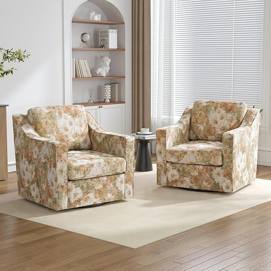 Swivel Accent Chairs Set of 2, 360° Swivel Upholstered Club Armchairs for Living Room, Comfy Fabric Single Sofa Reading Chair with Deep Seat, Metal Swivel Base, Sand Blooms