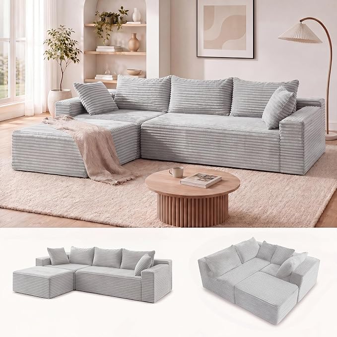 Claiks 94" Boneless Couch, Cloud Couch Sectional, L-Shape Corduroy Modular Sectional Sofa Deep Seat, Upholstered Couches for Living Room, No Assembly Required, Light Grey