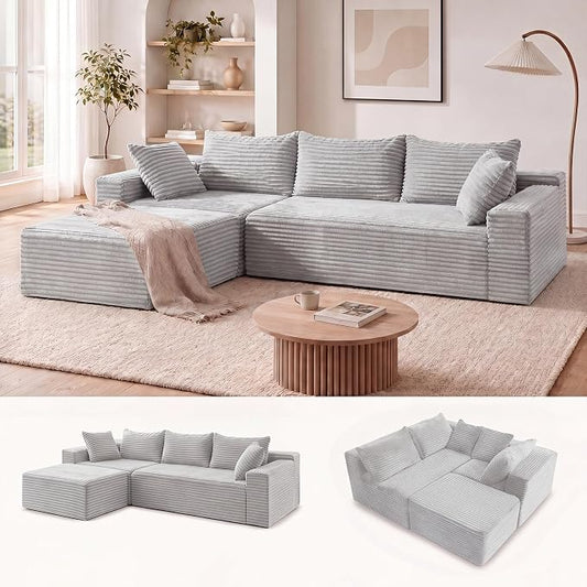 Claiks 94" Boneless Couch, Cloud Couch Sectional, L-Shape Corduroy Modular Sectional Sofa Deep Seat, Upholstered Couches for Living Room, No Assembly Required, Light Grey