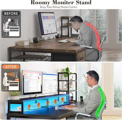44 Inch Gaming Desk with Hutch and Drawers,Reversible Computer Desk with Monitor Shelf,Home Office Desks with USB Power Outlets and Storage,Pc Small Gaming Desk for Office with LED Lights,Black