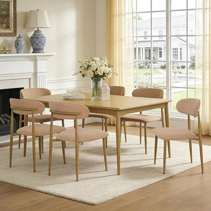 FREKEN Modern Upholstered Dining Chairs Set of 6, Mid-Century Metal Frame with Wood Grain, Linen Fabric Side Chair for Kitchen Dining Room, 350lbs Capacity, Brown