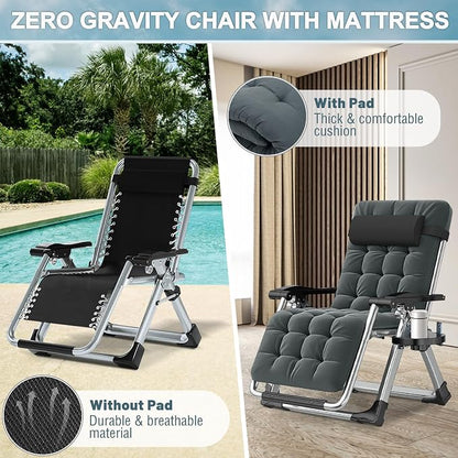 ABORON 2 Pack Zero Gravity Chair, Outdoor Lounge Chairs Sun Loungers with Removable Cushion,Headrest,Cup Holder,Reclining Patio Lounger Chair for Indoor and Outdoor