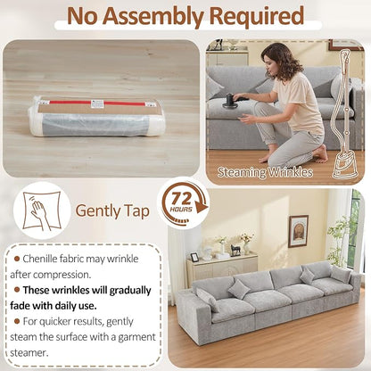 146''Cloud Boneless Sectional Couch, Modular Sectional Sofa Deep Seat, Oversized Upholstered Convertible Comfy 4 Seater Chenille Memory Foam Sofa Couches for Living Room, Light Grey