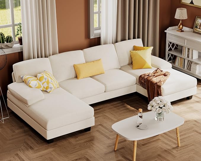 Furmax Sectional Couches for Living Room, U-Shaped Sofa Couch with Linen Fabric, 4 Seat Sofa Set with Double Chaise for Apartment (Chenille, White)