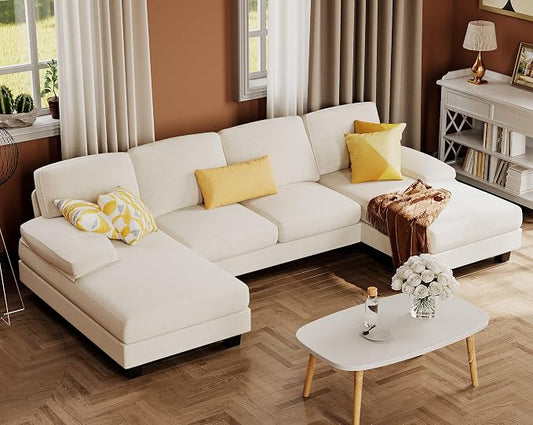 Furmax Sectional Couches for Living Room, U-Shaped Sofa Couch with Linen Fabric, 4 Seat Sofa Set with Double Chaise for Apartment (Chenille, White)