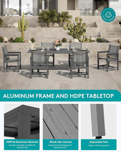 SERWALL HDPE Outdoor Dining Set for 8 with Textilene Chairs, Grey | 60" - 83" Aluminum Expandable Patio Dining Table and Breathable Textilene Chairs, All Weather HDPE Patio Furniture Set