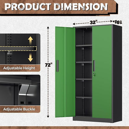 INTERGREAT Metal Lockable Storage Cabinet, 72” Storage Cabinet with 2 Doors and 4 Adjustable Shelves for Office, Home, Garage, Pantry (Black Green)