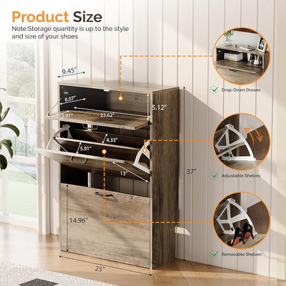 VINGLI Shoe Cabinet Storage for Entryway Ultra Slim with 2 Flip &1Drop-Down Drawers, 24.8" W Narrow Shoe Cabinet for Front Door Entrance,Freestanding Washed Gray Wood Shoes Organizer for Hallway