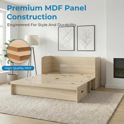 Mjkone Queen Murphy Bed, Murphy Cabinet Bed with USB Charging Station & Tri-Fold Memory Foam Mattress, Hidden Cube Cabinet Beds with Large Storage Drawer for Guest Room Home Office, Natural Wood