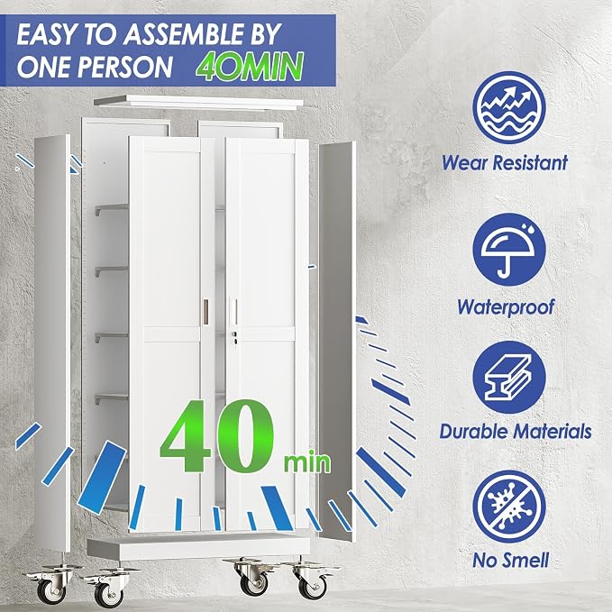 73.6" Metal Garage Storage Cabinet with Wheels and Locking Doors | Tall Rolling Steel Tool Cabinet with 5 Adjustable Shelves for Garage,Home Office(White, 73.6''H x 35.4''W x17.7''D)