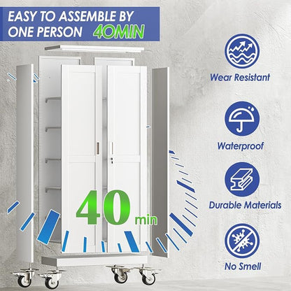 73.6" Metal Garage Storage Cabinet with Wheels and Locking Doors | Tall Rolling Steel Tool Cabinet with 5 Adjustable Shelves for Garage,Home Office(White, 73.6''H x 35.4''W x17.7''D)